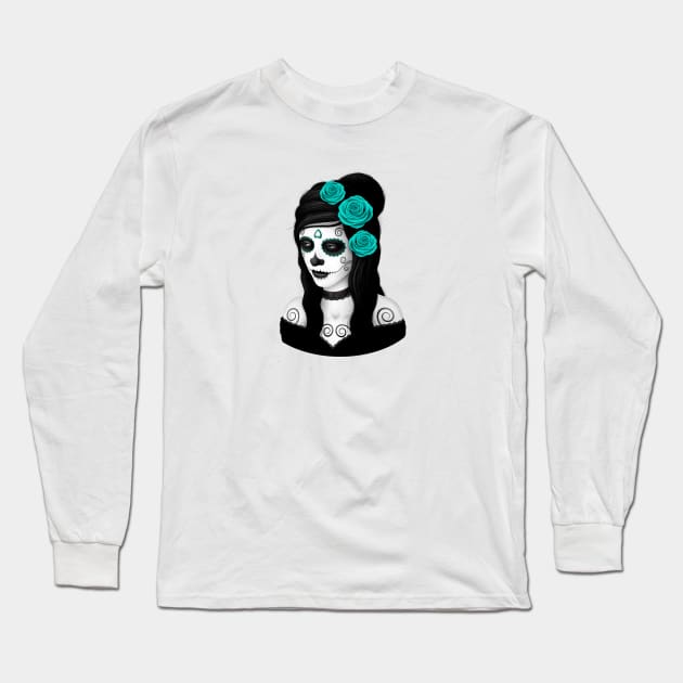 Day of the Dead Girl with Teal Blue Roses Long Sleeve T-Shirt by jeffbartels